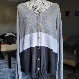 Miss Chievous Gray, White & Dark Gray Colorblock Scoopneck Button Sweater